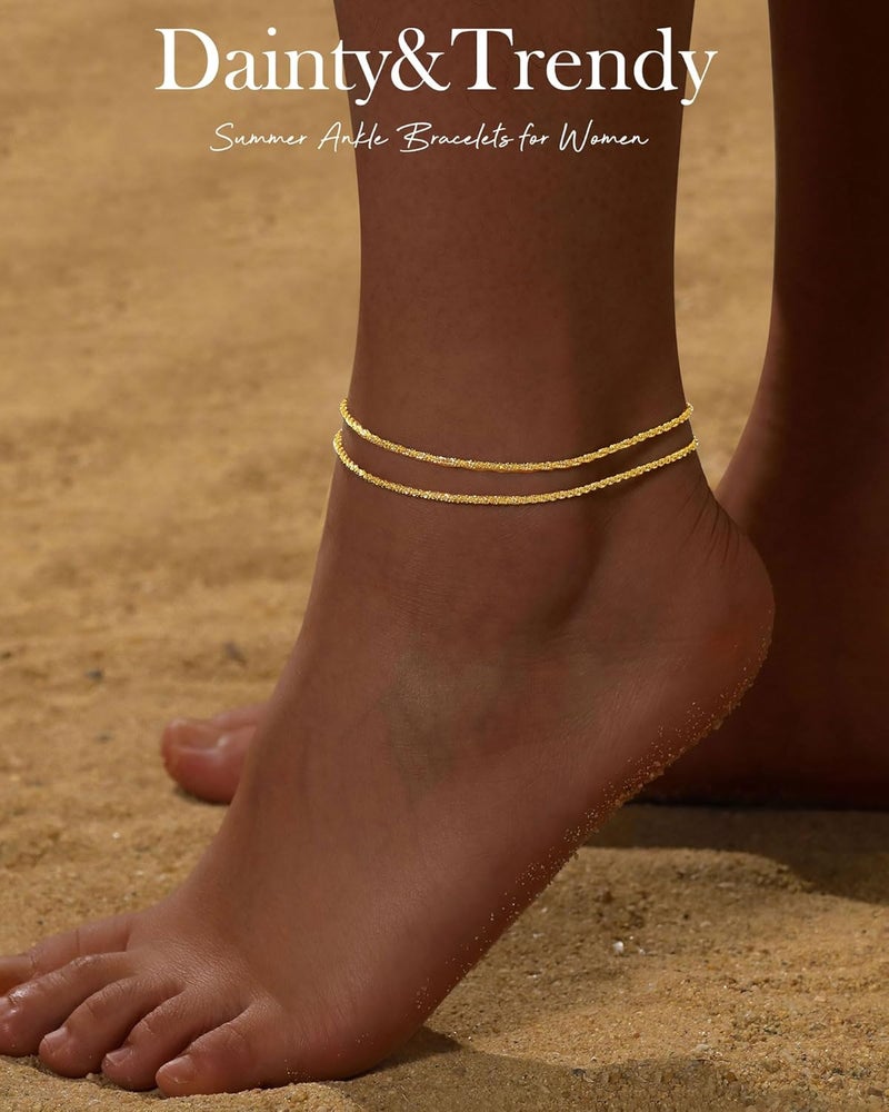 FUNEIA Gold Silver Ankle Bracelets for Women Waterproof 14K Gold Plated Anklets for Women Non Tarnish Dainty Layered Beaded Heart Anklet Set Summer Beach Foot Chain Jewelry Gifts Trendy Stuff - Image 1